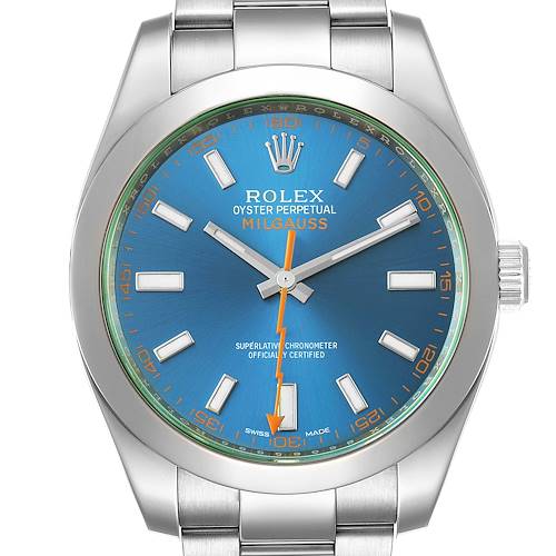 This image shows a front view of the Rolex Milgauss 116400GV Men's Stainless Steel Blue Dial 116400GV Men's Stainless Steel Blue Dial watch, displaying its blue dial, hour markers, hands, and part of its stainless steel bracelet.