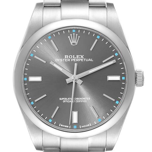 This image shows a close-up, front view of a Rolex Oyster Perpetual 114300 Men's Stainless Steel Grey Dial 114300 Men's Stainless Steel Grey Dial watch, highlighting its dial and bracelet.