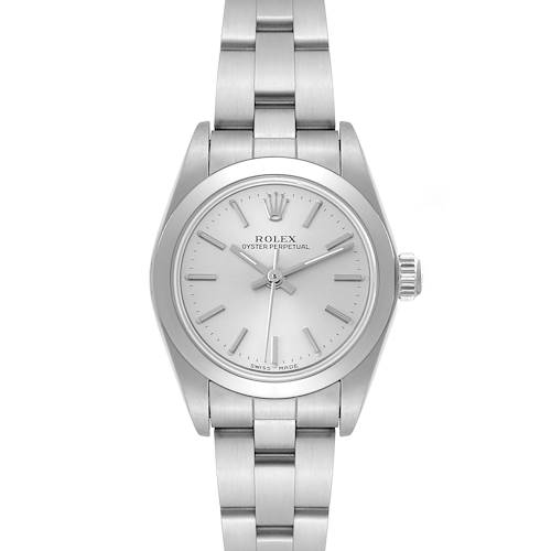 This image shows a front view of a Rolex Oyster Perpetual 76080 Women's Stainless Steel Silver Dial 76080 Women's Stainless Steel Silver Dial watch, displaying its dial, case, and bracelet.
