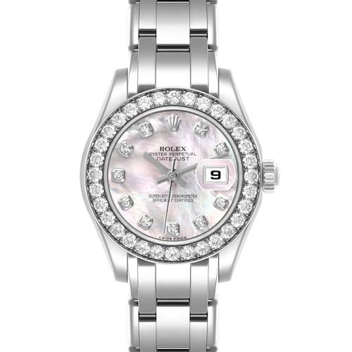 The Rolex Pearlmaster 80299 Women's White Gold Mother of Pearl Dial 80299 Women's White Gold Mother of Pearl Dial watch is shown from the front, highlighting its face, bezel, and bracelet details.