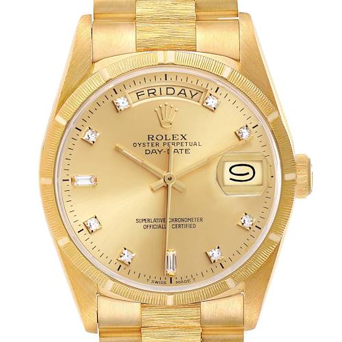 The Rolex President 18248 Men's Yellow Gold Champagne Dial 18248 Men's Yellow Gold Champagne Dial model watch is shown from a front-facing angle, featuring the dial, bezel, and part of the bracelet.