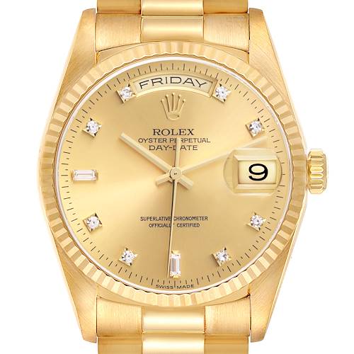 The image shows a frontal view of a Rolex President 18238 Men's Yellow Gold Champagne Dial 18238 Men's Yellow Gold Champagne Dial watch, featuring the dial, day-date display, and bracelet.
