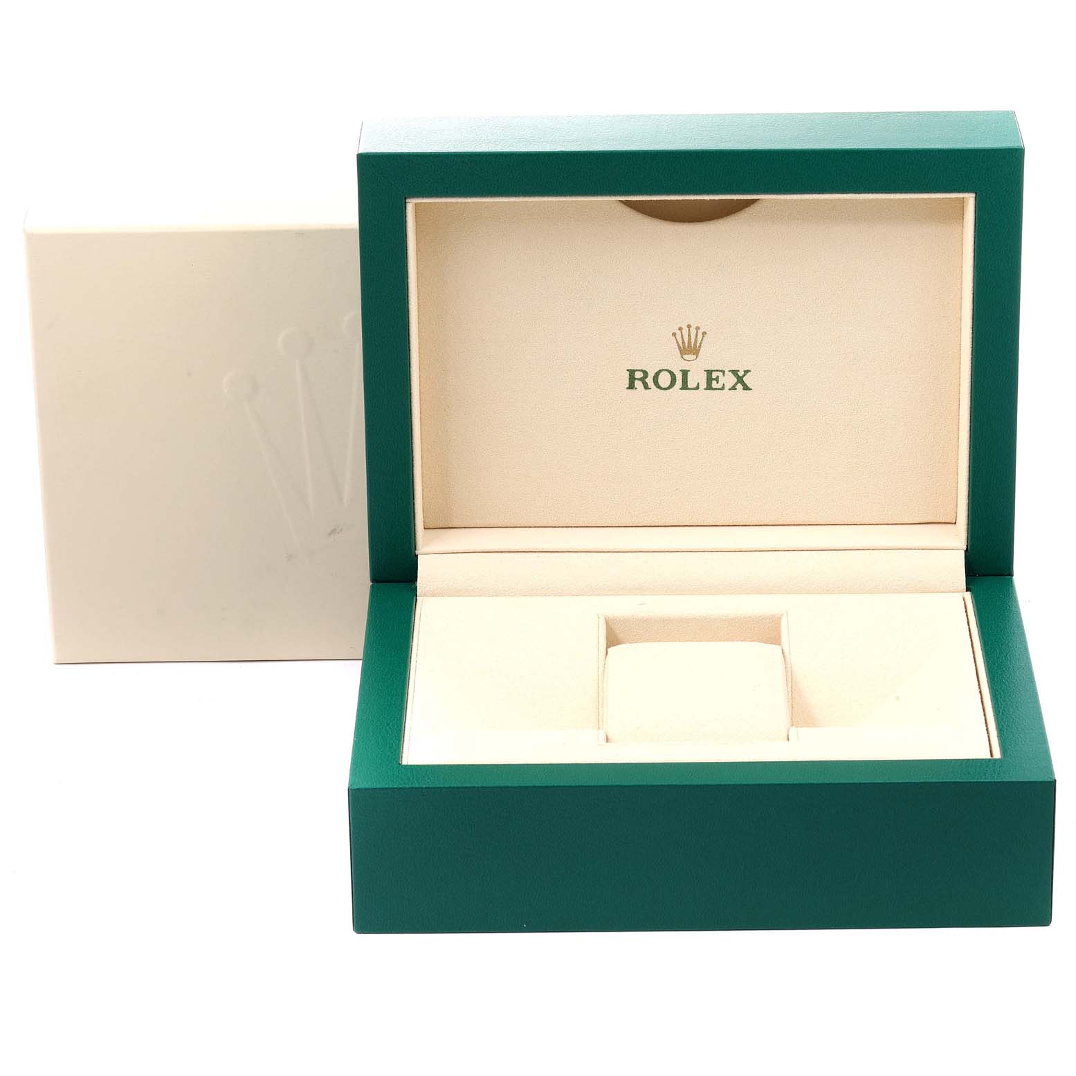 The image shows an open Rolex watch box for the President model, with the inner cushion and the lid displaying the Rolex logo.