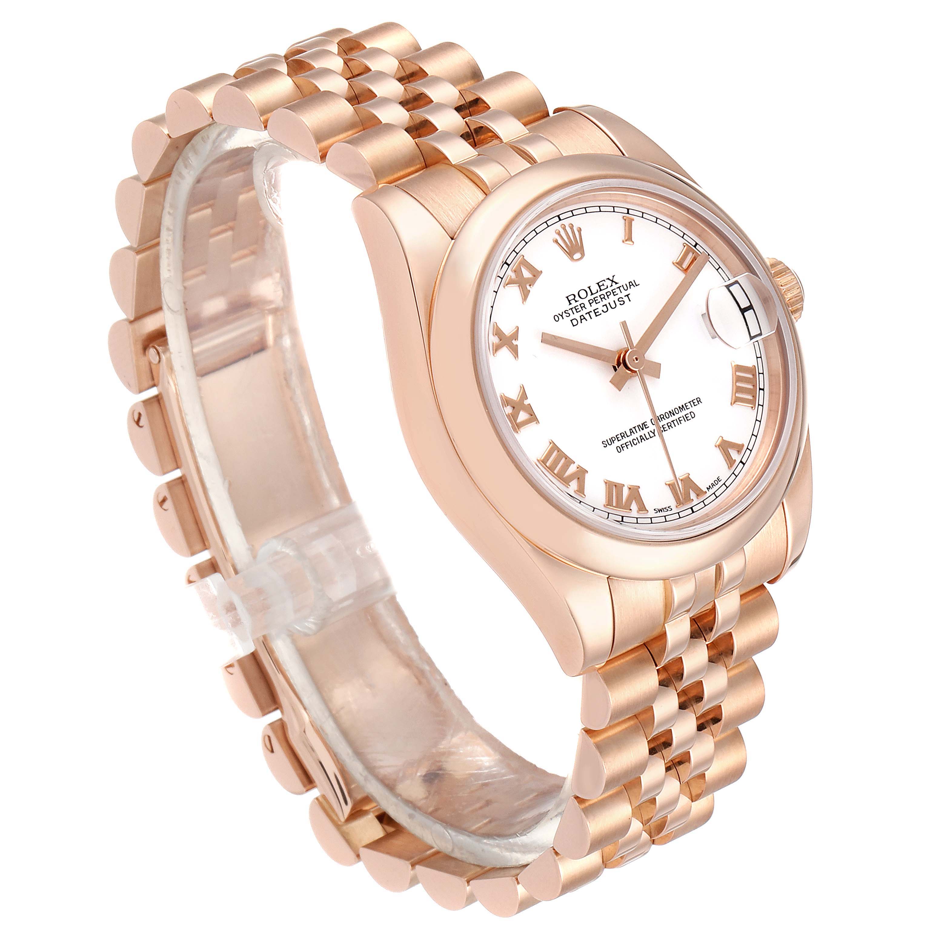 The image shows a side and angled view of a Rolex President 178245 Women's Rose Gold White Dial 178245 Women's Rose Gold White Dial model watch with its bracelet, dial, and crown visible.