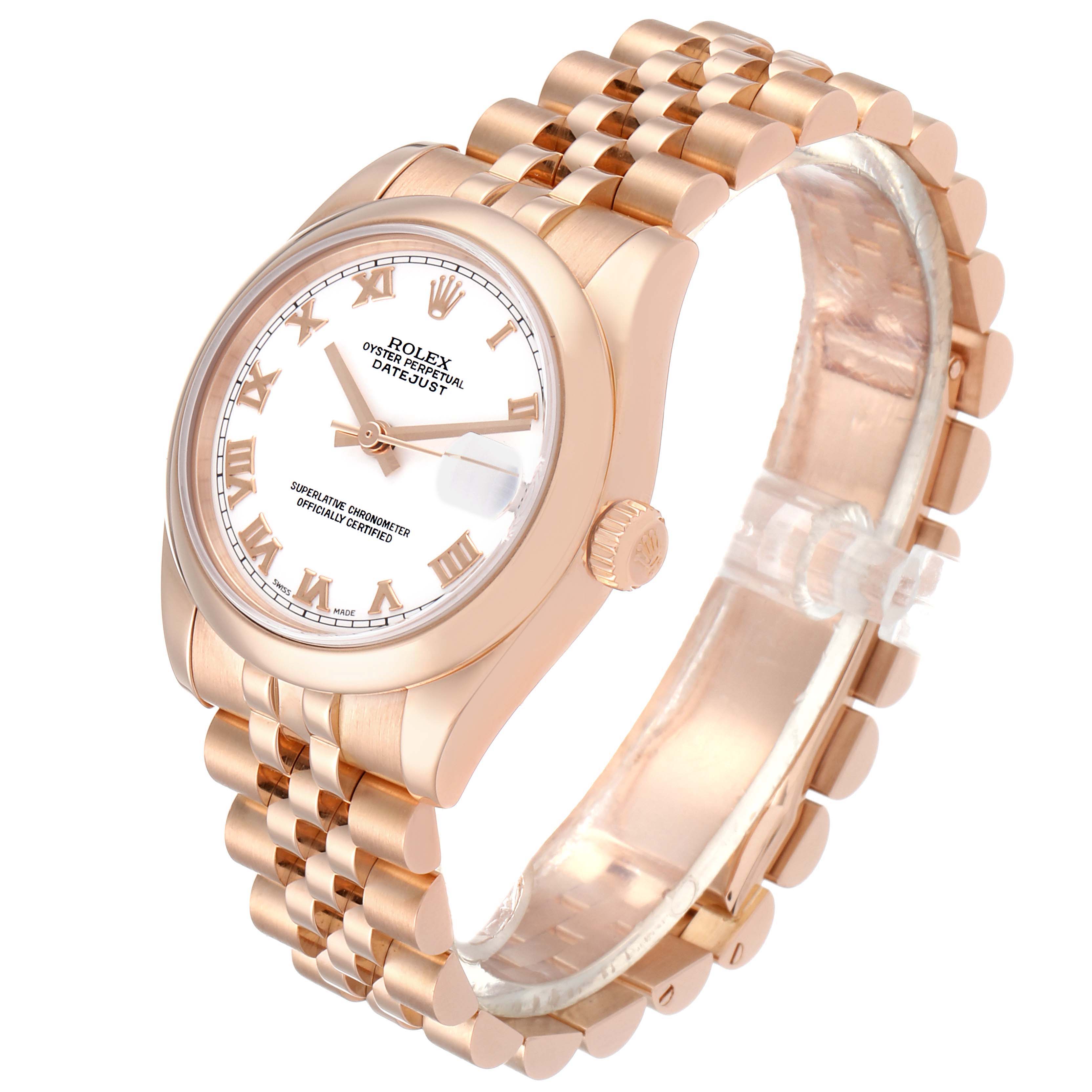 The image shows a frontal side angle of the Rolex President 178245 Women's Rose Gold White Dial 178245 Women's Rose Gold White Dial model, displaying its dial, bezel, case, and bracelet.