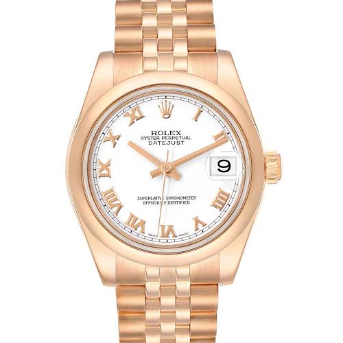 This image shows a front view of the Rolex President 178245 Women's Rose Gold White Dial 178245 Women's Rose Gold White Dial Datejust watch, highlighting its dial, bezel, and bracelet.
