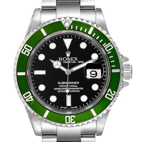 The image shows a front view of the Rolex Submariner 16610LV Men's Stainless Steel Black Dial 16610LV Men's Stainless Steel Black Dial watch, featuring the bezel, dial, hands, and bracelet.