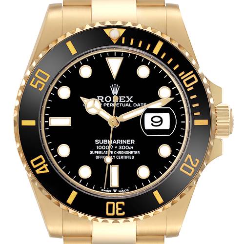 The Rolex Submariner 126618LN Men's Yellow Gold Black Dial 126618LN Men's Yellow Gold Black Dial watch is shown from a front angle, displaying the dial, bezel, and crown clearly.
