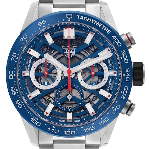 The Tag Heuer Carrera CBG2011 Men's Stainless Steel Blue Dial CBG2011 Men's Stainless Steel Blue Dial watch is shown from a front angle, highlighting its dial, bezel, and chronograph subdials.