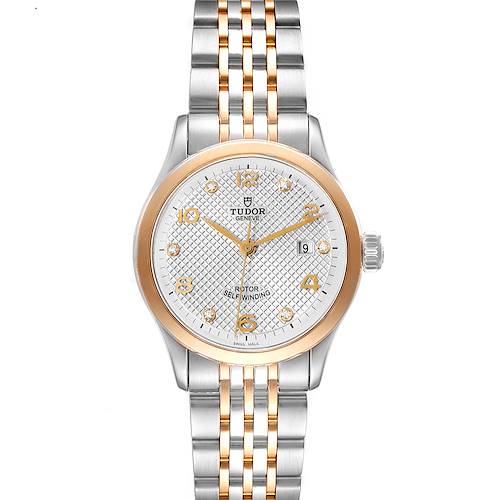 The image shows a front view of the Tudor M91351-002 Women's Steel and Gold (two tone) Silver Dial M91351-002 Women's Steel and Gold (two tone) Silver Dial 1926 M91351 Steel Rose Gold Silver Dial Diamond Watch, highlighting the face and bracelet.