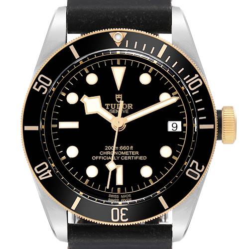 The Tudor Heritage Black Bay 79733N Men's Steel and Gold (two tone) Black Dial 79733N Men's Steel and Gold (two tone) Black Dial watch is shown from the front, displaying its dial, bezel, hands, and crown.