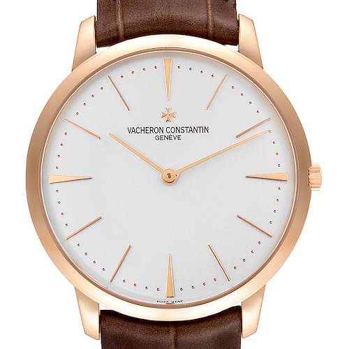 The image shows a front view of the Vacheron Constantin Patrimony 81180/000R-9159 Men's Rose Gold Silver Dial 81180/000R-9159 Men's Rose Gold Silver Dial watch, displaying the dial, hands, hour markers, and a portion of the leather strap.