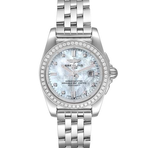 The image shows a front view of the Breitling A7234853/A785/791A Women's Stainless Steel Mother of Pearl Dial A7234853/A785/791A Women's Stainless Steel Mother of Pearl Dial Galactic 29 MOP Diamond Steel Ladies Watch A72348 Card model.