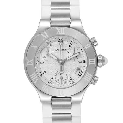 The image shows a front view of a Cartier Must 21 W10197U2 Women's Stainless Steel White Dial W10197U2 Women's Stainless Steel White Dial watch, displaying its dial, bezel, chronograph sub-dials, and bracelet.