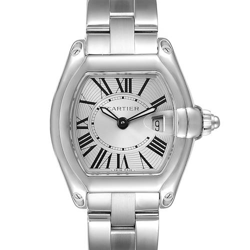 This image shows a Cartier Roadster W62016V3 Women's Stainless Steel Silver Dial W62016V3 Women's Stainless Steel Silver Dial watch face from the front, featuring its band and crown.
