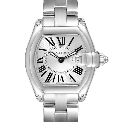 The Cartier Roadster W62016V3 Women's Stainless Steel Silver Dial W62016V3 Women's Stainless Steel Silver Dial watch is shown from a front angle, displaying the face, bracelet, and crown.