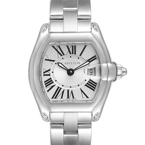 The image shows a front view of a Cartier Roadster W62016V3 Women's Stainless Steel Silver Dial W62016V3 Women's Stainless Steel Silver Dial model watch, highlighting its dial, Roman numerals, bracelet, and date window.