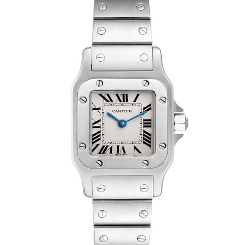The image shows a front view of a Cartier Santos W20056D6 Women's Stainless Steel Silver Dial W20056D6 Women's Stainless Steel Silver Dial watch, highlighting its square face, Roman numerals, and metal bracelet.