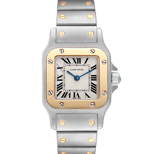 This image shows the front view of a Cartier Santos W20012C4 Women's Steel and Gold (two tone) Silver Dial W20012C4 Women's Steel and Gold (two tone) Silver Dial watch, highlighting its dial, bezel, and bracelet.