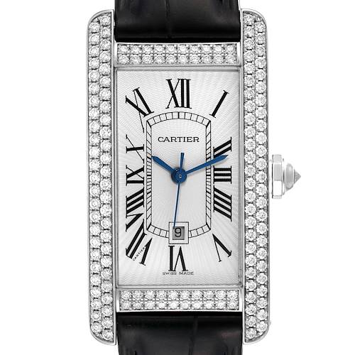 The image shows a frontal view of the Cartier Tank Americaine 2490 Women's White Gold Silver Dial 2490 Women's White Gold Silver Dial watch, showcasing its rectangular face, Roman numerals, and diamond-studded bezel.