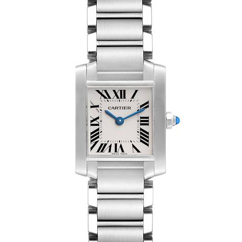 The Cartier Tank Francaise W51008Q3 Women's Stainless Steel Silver Dial W51008Q3 Women's Stainless Steel Silver Dial watch is shown in a frontal view, displaying its face, Roman numerals, and metal bracelet.