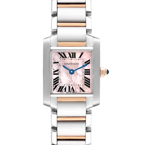 The image shows a front view of the Cartier Tank Française watch, highlighting the face, bracelet, and crown.