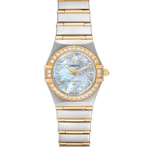 The image shows a front view of the Omega 1267.70.00 Women's Steel and Gold (two tone) Mother of Pearl Dial 1267.70.00 Women's Steel and Gold (two tone) Mother of Pearl Dial Constellation Steel Yellow Gold MOP Diamond Watch 1267.70.00, highlighting its dial and bracelet.