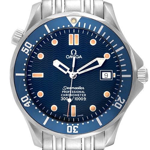 The image shows a front view of the Omega Seamaster 2531.80.00 Men's Stainless Steel Blue Dial 2531.80.00 Men's Stainless Steel Blue Dial watch, displaying its dial, bezel, and part of the metal bracelet.