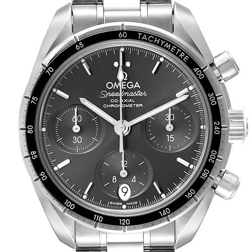 The image shows a front view of the Omega Speedmaster 324.30.38.50.06.001 Men's Stainless Steel Grey Dial 324.30.38.50.06.001 Men's Stainless Steel Grey Dial watch, highlighting the dial, subdials, tachymeter bezel, and stainless steel bracelet.