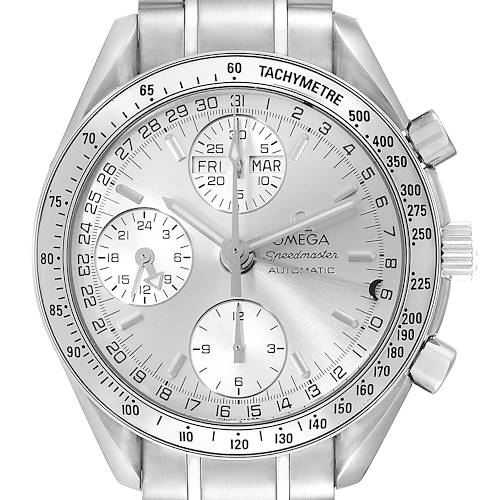The image shows a frontal view of an Omega Speedmaster 3523.30.00 Men's Stainless Steel Silver Dial 3523.30.00 Men's Stainless Steel Silver Dial watch, highlighting its face, tachymeter, subdials, and metal bracelet.