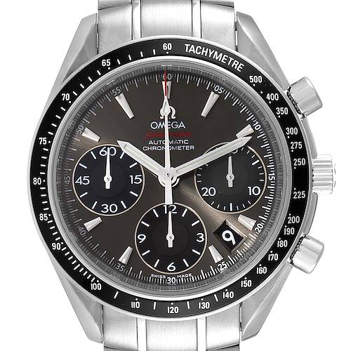 The image shows a front view of an Omega Speedmaster 323.30.40.40.06.001 Men's Stainless Steel Grey Dial 323.30.40.40.06.001 Men's Stainless Steel Grey Dial watch, highlighting its dial, subdials, tachymeter bezel, and crown.