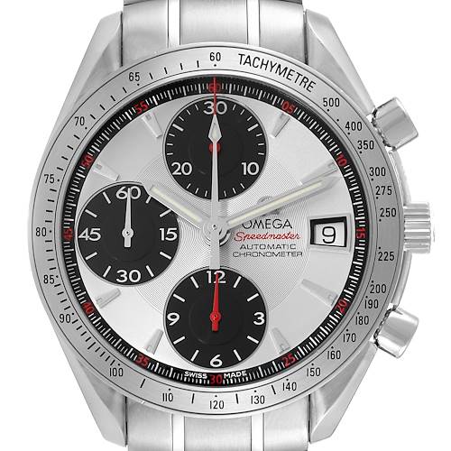 This image shows a front view of the Omega Speedmaster 3211.31.00 Men's Stainless Steel Silver Dial 3211.31.00 Men's Stainless Steel Silver Dial, highlighting its dial, subdials, date window, and tachymeter bezel.