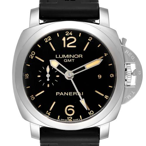 The image shows a frontal view of a Panerai Luminor PAM00531 Men's Stainless Steel Black Dial PAM00531 Men's Stainless Steel Black Dial GMT watch, highlighting its dial, crown guard, and strap.