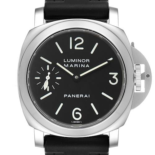 The image shows a front view of a Panerai Luminor PAM00111 Men's Stainless Steel Black Dial PAM00111 Men's Stainless Steel Black Dial Marina watch, highlighting its black dial, numerals, and crown guard.
