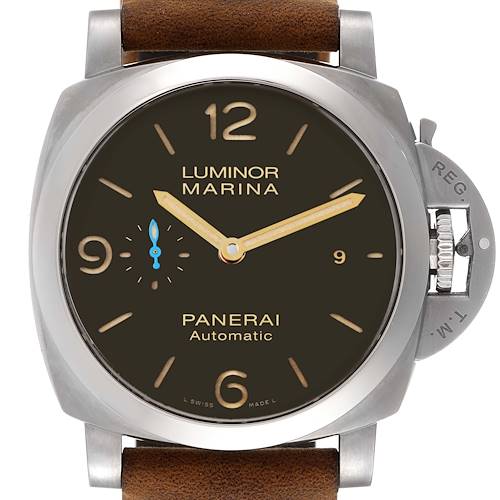 This image shows a front view of a Panerai Luminor PAM01351 Men's Titanium Brown Dial PAM01351 Men's Titanium Brown Dial Marina watch, highlighting the dial, case, and crown guard.