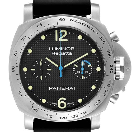 The image shows a front view of the Panerai Luminor PAM00308 Men's Stainless Steel Black Dial PAM00308 Men's Stainless Steel Black Dial Regatta watch, highlighting the dial, tachymeter scale, and pushers.