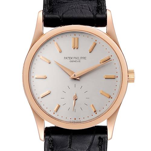 The image shows a front view of a Patek Philippe Calatrava 3796R Men's Rose Gold Silver Dial 3796R Men's Rose Gold Silver Dial watch, displaying the dial, hands, indices, and part of the leather strap.