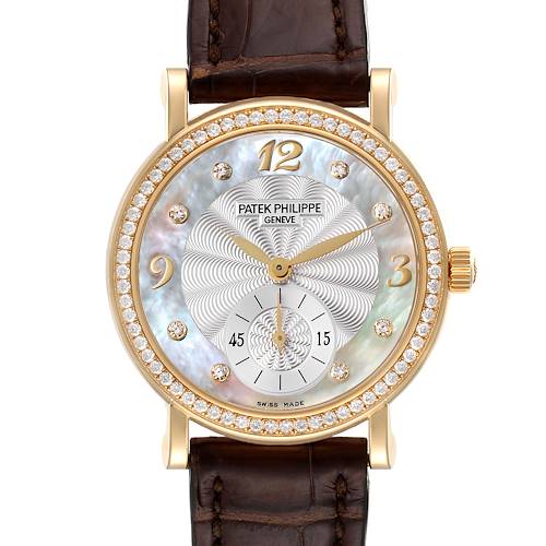 The image shows a front view of a Patek Philippe Calatrava 4959J Women's Yellow Gold Mother of Pearl Dial 4959J Women's Yellow Gold Mother of Pearl Dial watch with a gold case, diamond bezel, and brown leather strap.