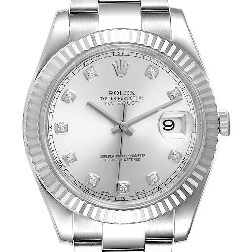 This is a front view of a Rolex Datejust 41 116334 Men's Stainless Steel Silver Dial 116334 Men's Stainless Steel Silver Dial watch showing the dial, bezel, and part of the bracelet.