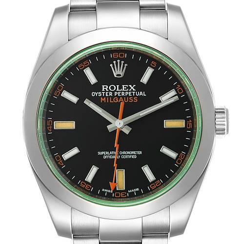 The image shows a front view of a Rolex Milgauss 116400V Men's Stainless Steel Black Dial 116400V Men's Stainless Steel Black Dial watch, highlighting its dial, hour markers, hands, and stainless steel bracelet.
