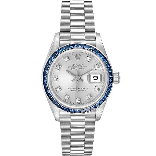 The image shows a front view of a Rolex President 69119 Women's White Gold Silver Dial 69119 Women's White Gold Silver Dial model watch, featuring the face, bezel, dial, hands, date window, and bracelet.