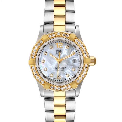 The Tag Heuer Aquaracer WAF1450.BA0825 Women's Steel and Gold (two tone) Mother of Pearl Dial WAF1450.BA0825 Women's Steel and Gold (two tone) Mother of Pearl Dial watch is shown from a top-down angle, displaying its face, bezel, and bracelet.