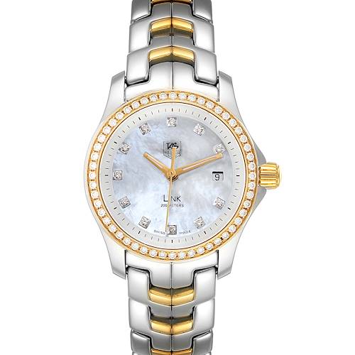 The image shows a front view of a Tag Heuer Link WJF1354.BB0581 Women's Steel and Gold (two tone) Mother of Pearl Dial WJF1354.BB0581 Women's Steel and Gold (two tone) Mother of Pearl Dial model watch displaying its face, bezel, and bracelet.