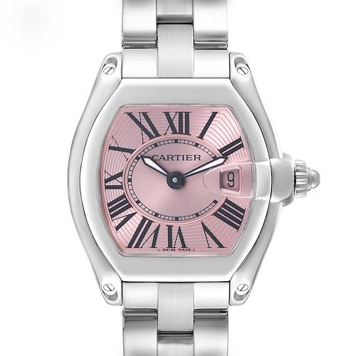 The Cartier Roadster W62017V3 Women's Stainless Steel Pink Dial W62017V3 Women's Stainless Steel Pink Dial watch is shown from the front, highlighting its pink dial, Roman numerals, and metal bracelet.