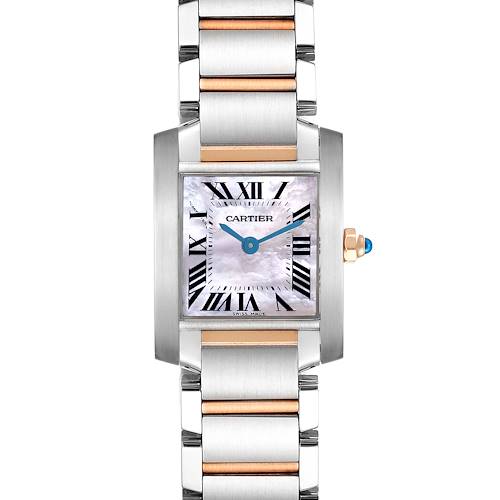 The Cartier Tank Française watch is shown from a front angle, displaying its face, rectangular case, and metal bracelet.