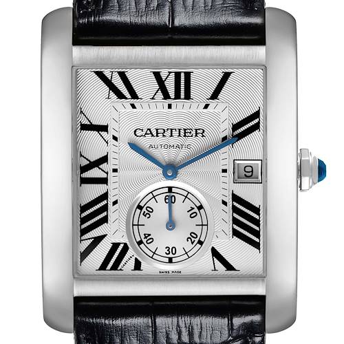 The Cartier Tank MC W5330003 Men's Stainless Steel Silver Dial W5330003 Men's Stainless Steel Silver Dial watch is shown from a front angle, highlighting the face with Roman numerals, date, and sub-dial.