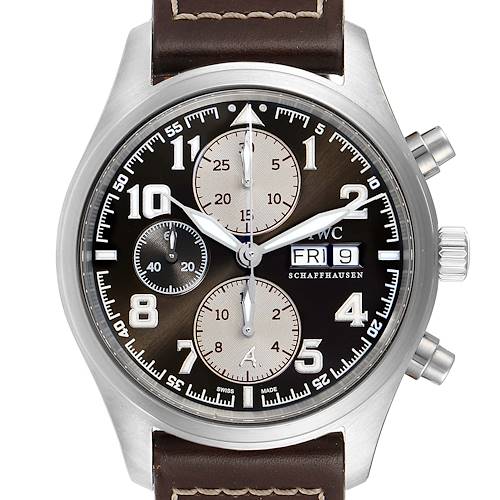 This image shows a front view of the IWC Pilot IW371709 Men's Stainless Steel Brown Dial IW371709 Men's Stainless Steel Brown Dial model watch, displaying the dial, subdials, and chronograph pushers.