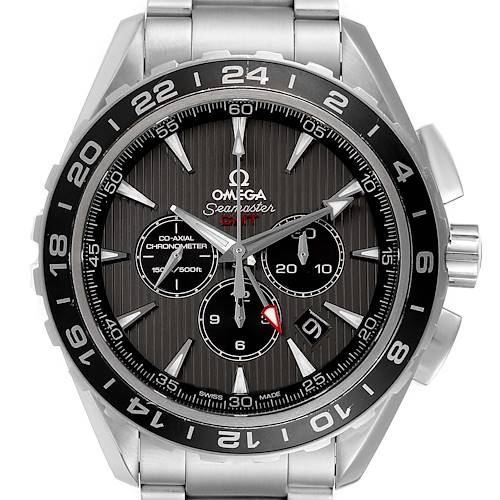 The image shows a frontal view of the Omega Aqua Terra 231.10.44.52.06.001 Men's Stainless Steel Grey Dial 231.10.44.52.06.001 Men's Stainless Steel Grey Dial Seamaster watch, highlighting the dial, bezel, and chronograph subdials.