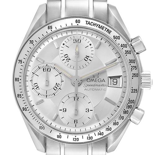 The image shows a frontal view of the Omega Speedmaster 3513.30.00 Men's Stainless Steel Silver Dial 3513.30.00 Men's Stainless Steel Silver Dial watch, highlighting the dial, subdials, tachymeter, and date window.