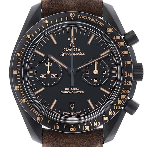 The Omega Speedmaster 311.92.44.51.01.006 Men's Ceramic Black Dial 311.92.44.51.01.006 Men's Ceramic Black Dial watch is shown from a front angle, displaying the dial, tachymeter bezel, chronograph subdials, and pushers.